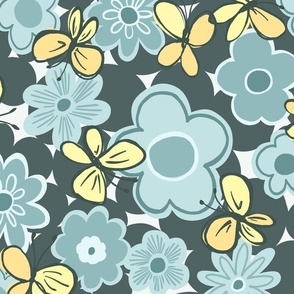 Groovy retro floral & butterflies in pastel aqua blue and pale yellows