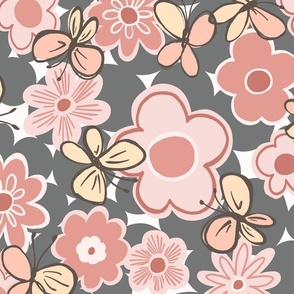 Groovy retro floral & butterflies in pastel salmon pinks & gray