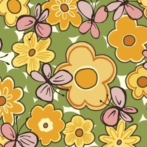 Groovy retro floral with butterflies non-directional pattern