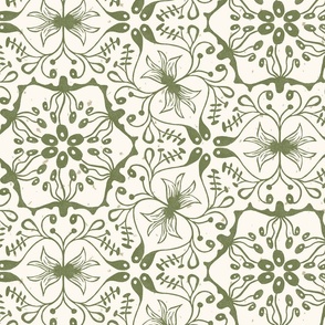 Large Non-Directional Geometric Abstract Floral Botanical in Sage Green on Cream