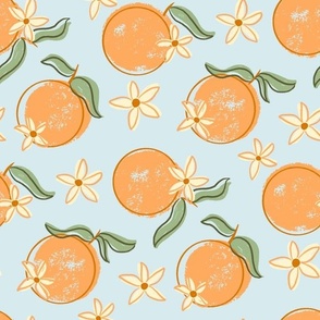 Orange Blossom Toss oranges and flowers on a sky blue background 12in