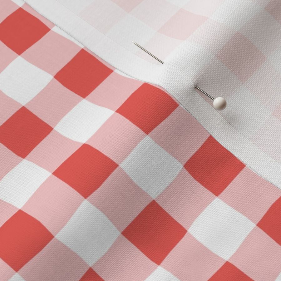 Gingham check  hand drawn medium scale kitchen decor, table linens and more in coral red and white