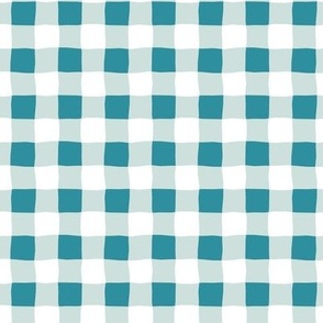 Gingham check  hand drawn medium scale kitchen decor, table linens and more in Teal, sea glass and white Spoonflower solids