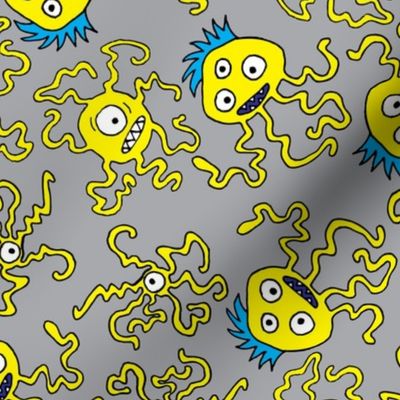 Slightly Worried Squigglies Monsters Yellow on Grey, lemon, gray