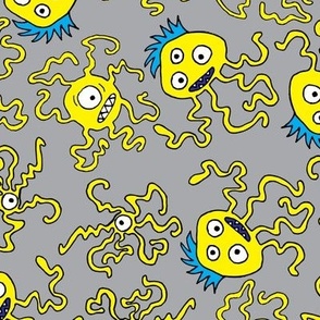 Slightly Worried Squigglies Monsters Yellow on Grey, lemon, gray