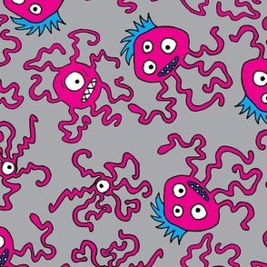 Slightly Worried Squigglies Monsters Pink on Grey, gray