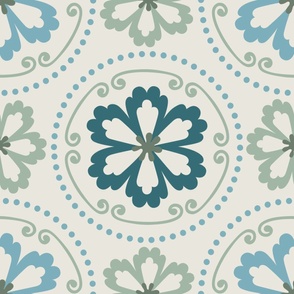 Floral Geometric Pattern,  Circular and Dot Medallion Fabric Pattern,  Light Blue and Sage Green