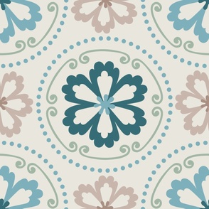 Circles and Flowers Geometric Medallion, Light Blue, Green, and Pink