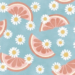 Hand-Drawn Grapefruit Slices with Chamomile Daisies on a Aqua Blue Ground Color_Large