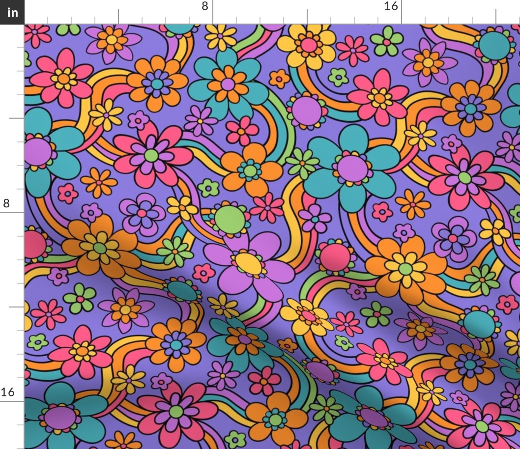 Groovy and Trippy Psychadelic Floral Rainbows Lilac Rotated - Large Scale