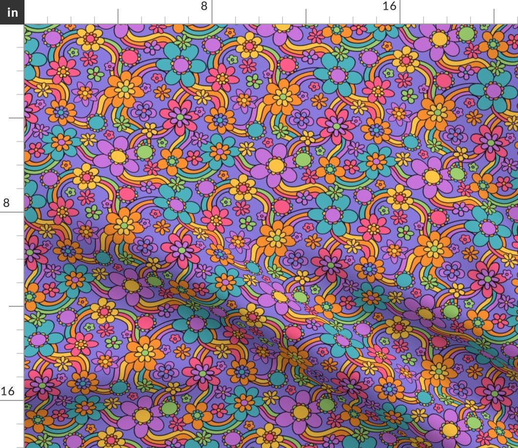 Groovy and Trippy Psychadelic Floral Rainbows Lilac - Small Scale