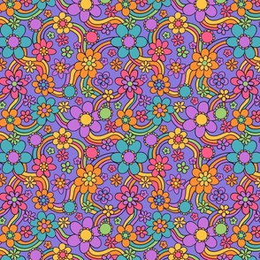 Groovy and Trippy Psychadelic Floral Rainbows Lilac - Medium Scale
