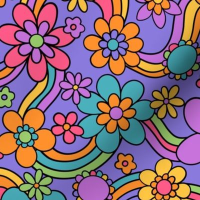 Groovy and Trippy Psychadelic Floral Rainbows Lilac - Large Scale