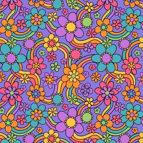 Groovy and Trippy Psychadelic Floral Rainbows Lilac - Large Scale