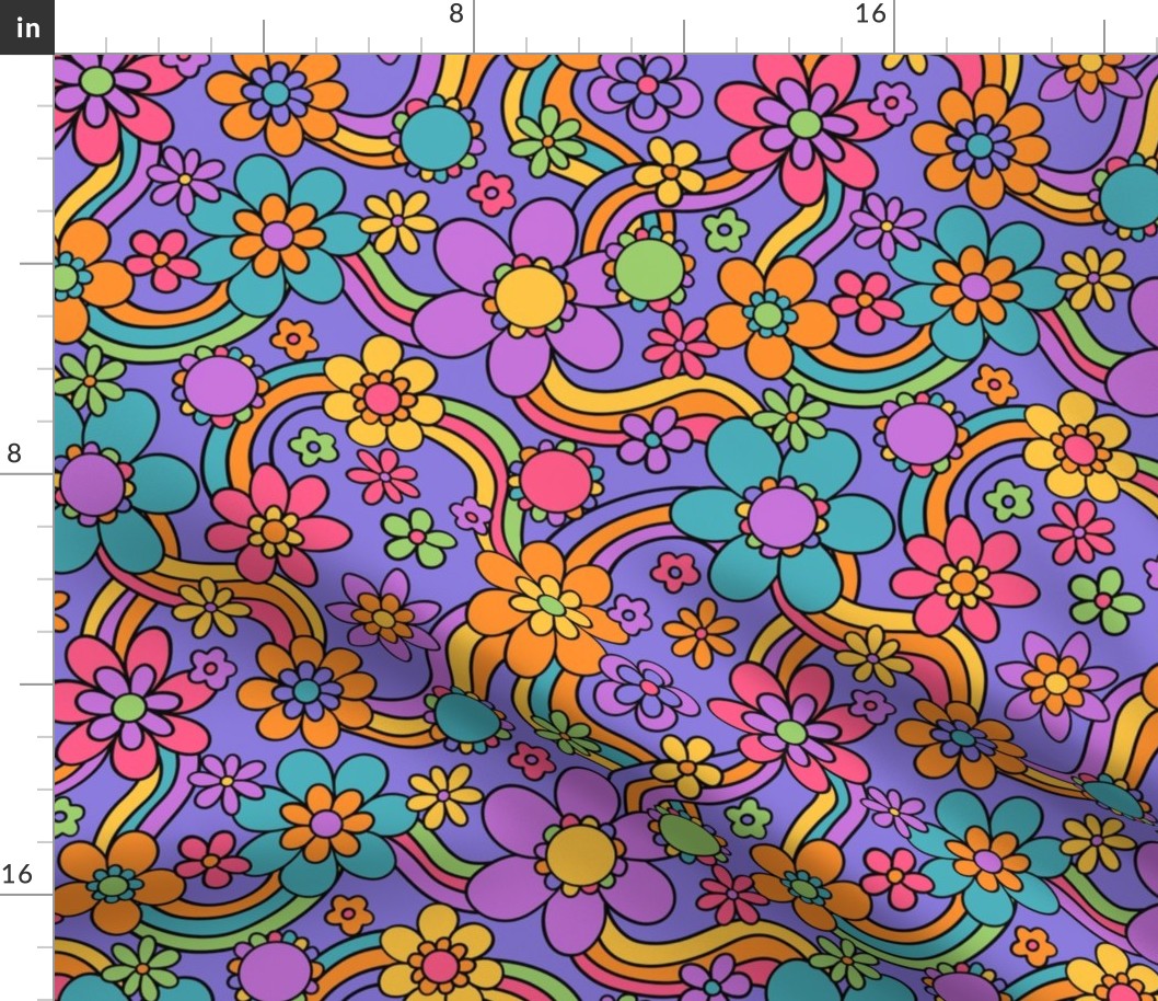 Groovy and Trippy Psychadelic Floral Rainbows Lilac - Large Scale