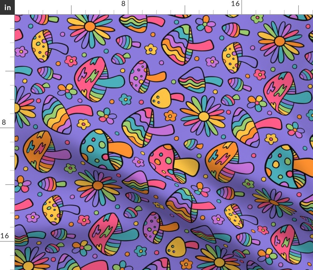 Groovy and Trippy Psychadelic Mushrooms Lilac Rotated - Large Scale