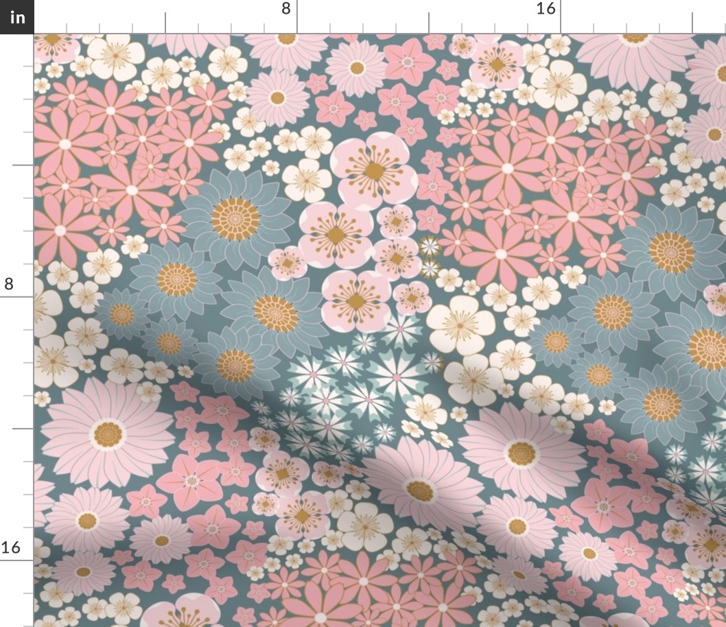 Rosette Floral Meadow | ditsy Boho | on stone blue | 12