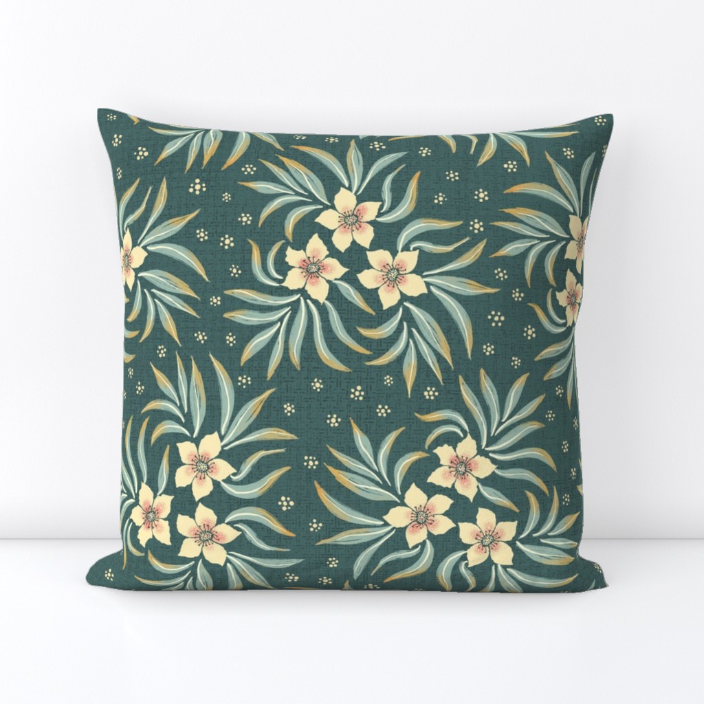 Vanilla cream colored flowers on moody blue-green-gray wallpaper - large scale