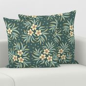 Vanilla cream colored flowers on moody blue-green-gray wallpaper - large scale