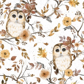 Forest Owl - Autumn forest owl watercolor - Gold White - Jumbo Large