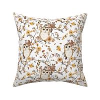 Owl with flowers Autumn forest Gold White Small