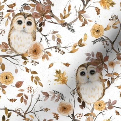Owl with flowers Autumn forest Gold White Small