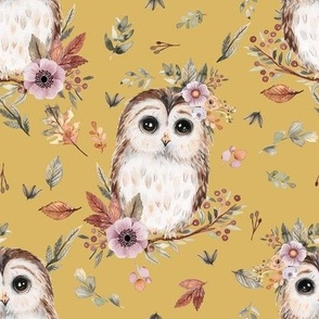 Owls with flowers Mustard Medium