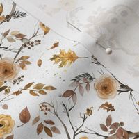 Owl with flowers Autumn forest Gold White Micro