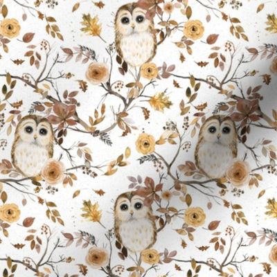 Owl with flowers Autumn forest Gold White Micro