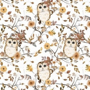 Owl with flowers Autumn forest Gold White Micro