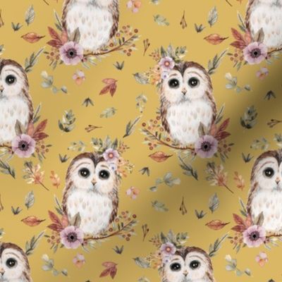 Owls with flowers Mustard Small