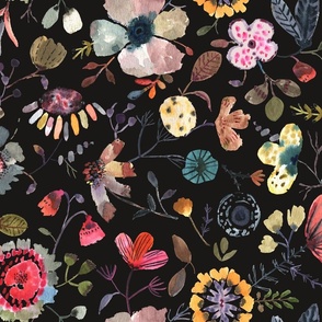 Handpainted modern watercolor florals in black