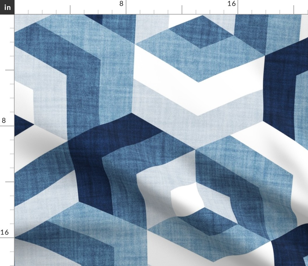 Large jumbo scale // Retro maze geometric hexagonal cubic tiles // monochromatic blue non-directional cube mid century modern squared color block shapes wallpaper