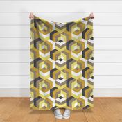 Large jumbo scale // Retro maze geometric hexagonal cubic tiles // brown mustard and buttercup yellow non-directional cube mid century modern squared color block shapes wallpaper