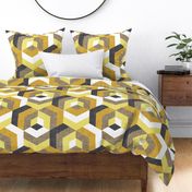 Large jumbo scale // Retro maze geometric hexagonal cubic tiles // brown mustard and buttercup yellow non-directional cube mid century modern squared color block shapes wallpaper