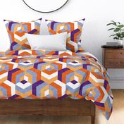 Large jumbo scale // Retro maze geometric hexagonal cubic tiles // purple violet and orange non-directional cube mid century modern squared color block shapes wallpaper