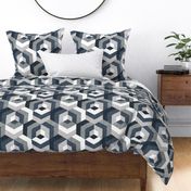 Normal scale // Retro maze geometric hexagonal cubic tiles // grey non-directional cube mid century modern squared color block shapes wallpaper