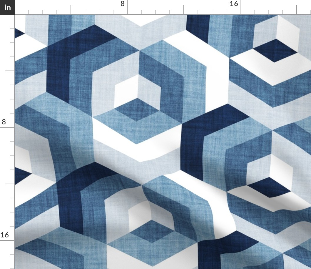 Normal scale // Retro maze geometric hexagonal cubic tiles // monochromatic blue non-directional cube mid century modern squared color block shapes wallpaper