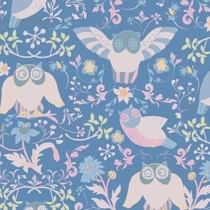 LARGE: Bird Owls and ditsy Flowers/ light Blue