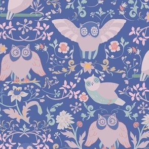 LARGE: Birds Owls and ditsy Flowers/ Blue, Orange