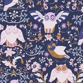 LARGE: Birds like Owls and ditsy Flowers/ Blue, Brown