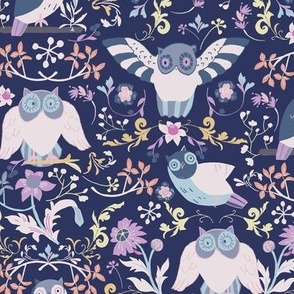 LARGE: Birds Owls and ditsy Flowers/ Blue, purple/ Large