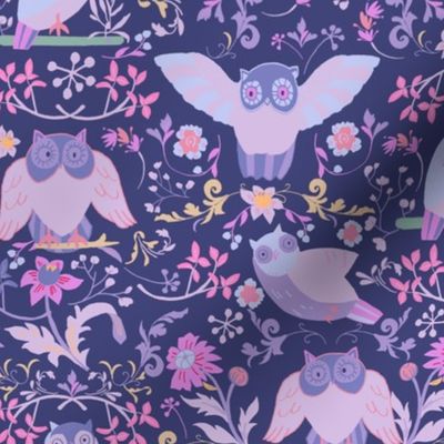 LARGE: Bird Owls and ditsy Flowers/ Blue, pink/ Large