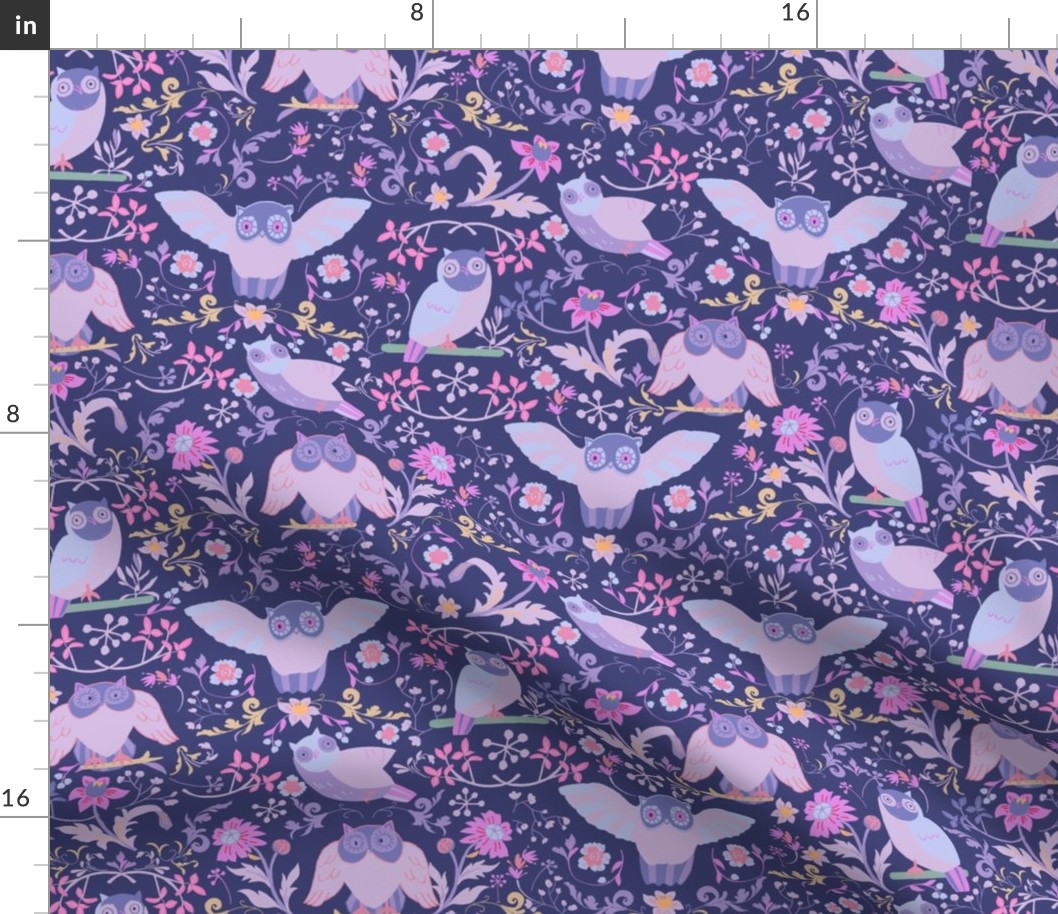 LARGE: Bird Owls and ditsy Flowers/ Blue, pink/ Large