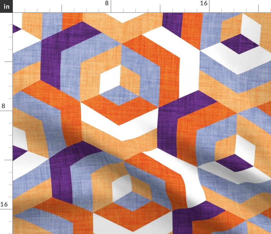 Normal scale // Retro maze geometric hexagonal cubic tiles // purple violet and orange non-directional cube mid century modern squared color block shapes wallpaper