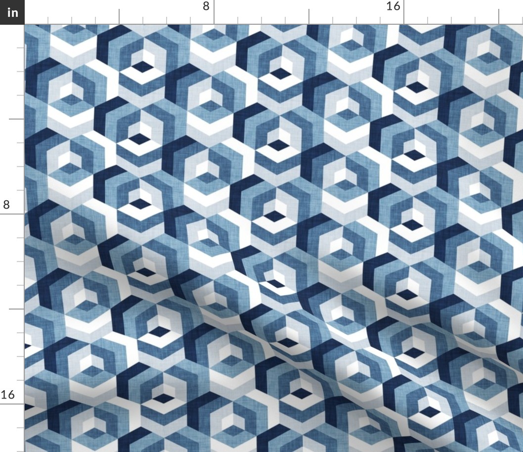 Small scale // Retro maze geometric hexagonal cubic tiles // monochromatic blue non-directional cube mid century modern squared color block shapes