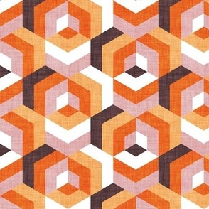 Small scale // Retro maze geometric hexagonal cubic tiles // brown orange and blush pink non-directional cube mid century modern squared color block shapes