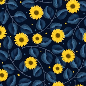 Sunflowers & dark blue leaves