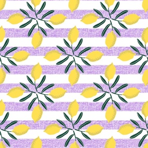 Yellow Lemons with leaves on textured lilac purple diagonal stripes