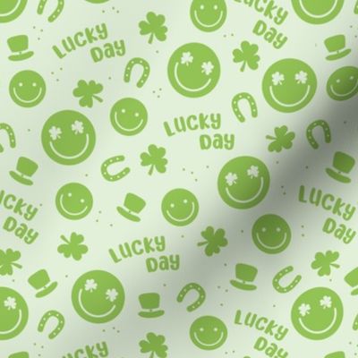 Lucky Day - Happy St. Patrick's Day tossed icons - smileys lucky shamrock and leprechaun hat lime green on soft mint 
